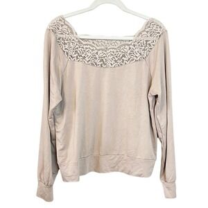 Wishlist Taupe Lace Trim Boat Neck Long Sleeve Top Medium Beige Soft Knit